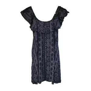 Aqua Women's Navy & White Rayon Geometric Print Off Shoulder Summer Mini Dress